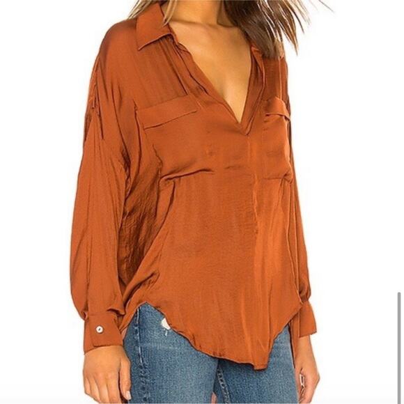 Free People Starry Dreams burnt orange silky v neck tunic top size Medium - Picture 1 of 16